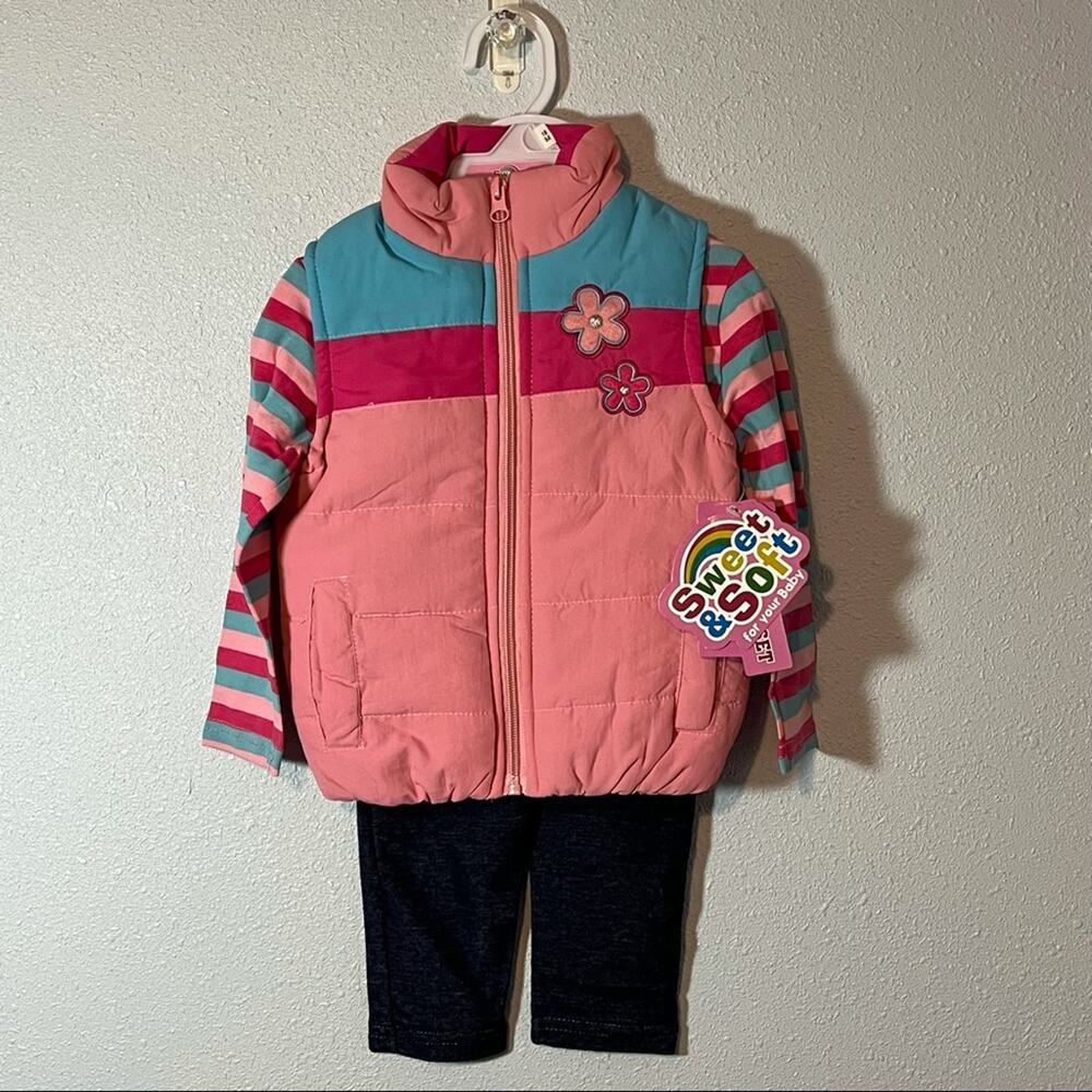 NWT Sweet & Soft Girl’s 3 Piece Set (Pink Vest, Long Sleeve Shirt, & Pants) 18M